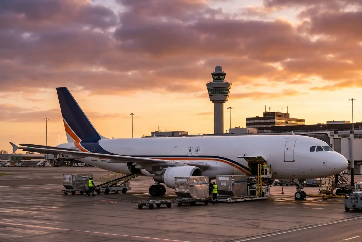 Internationale koeriersdienst Schiphol, AMS Direct Cargo vliegtuig op Schiphol Amsterdam tarmac met luchtverkeerstoren, internationale koeriersdienst AMS Direct