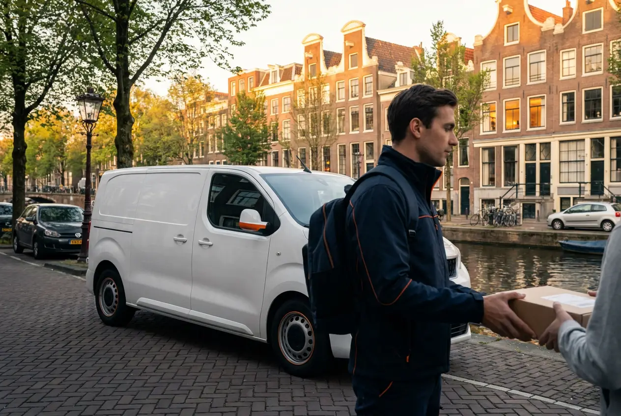 AMS Direct, spoedkoerier Amsterdam AMS Direct koerier bij witte bestelbus op Amsterdamse gracht, spoedkoerier Amsterdam lokale bezorging